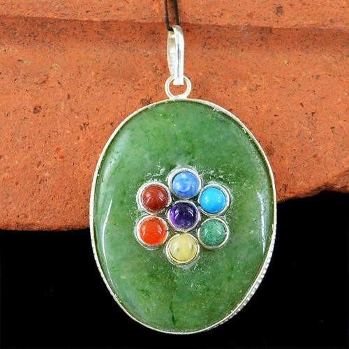 gemsmore:Natural Green Jade Seven Chakra Healing Pendant