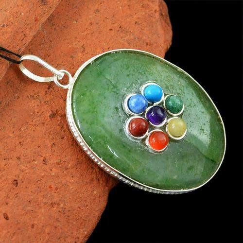gemsmore:Natural Green Jade Seven Chakra Healing Pendant