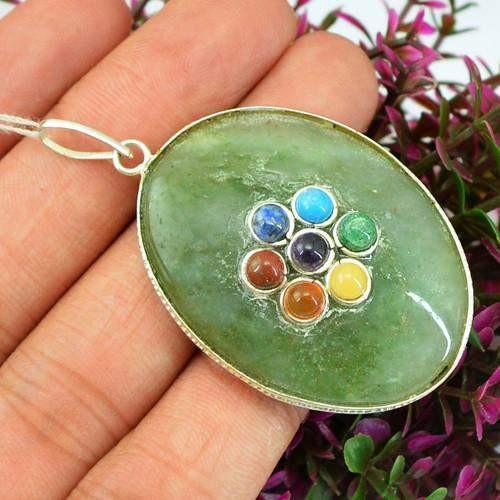 gemsmore:Natural Green Jade Seven Chakra Healing Pendant