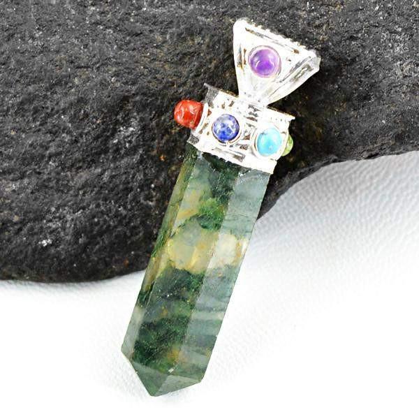 gemsmore:Natural Green Moss Agate Seven Chakra Healing Point Pendant
