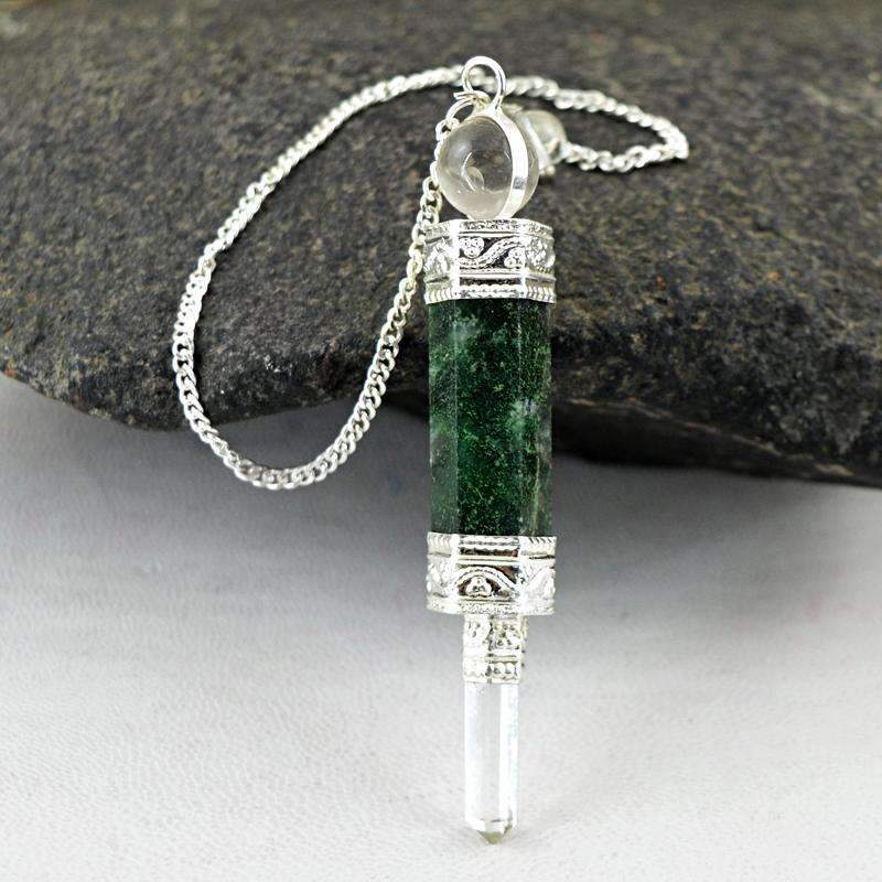 gemsmore:Natural Green Moss Agate & White Quartz Healing Ball Point Pendulum