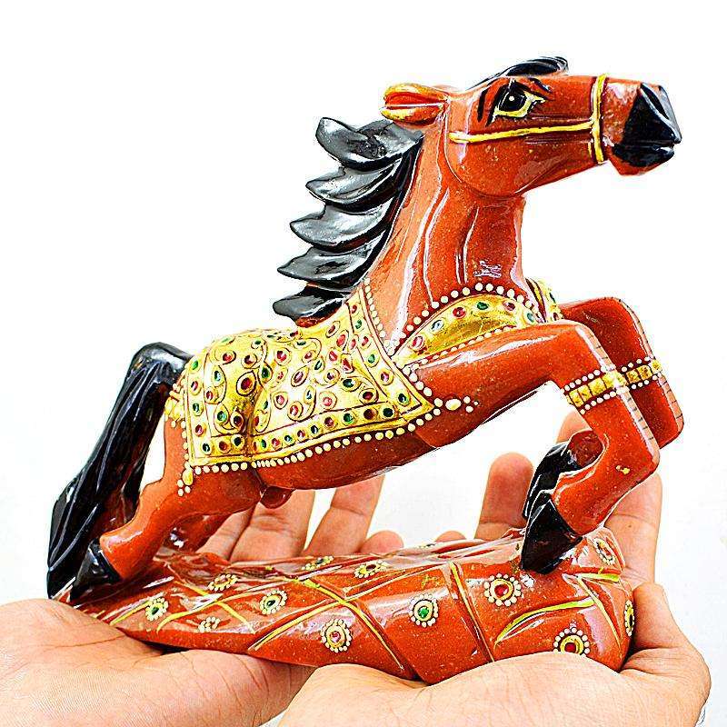 gemsmore:Natural Hand Carved Aventurine Enamel Painted Horse