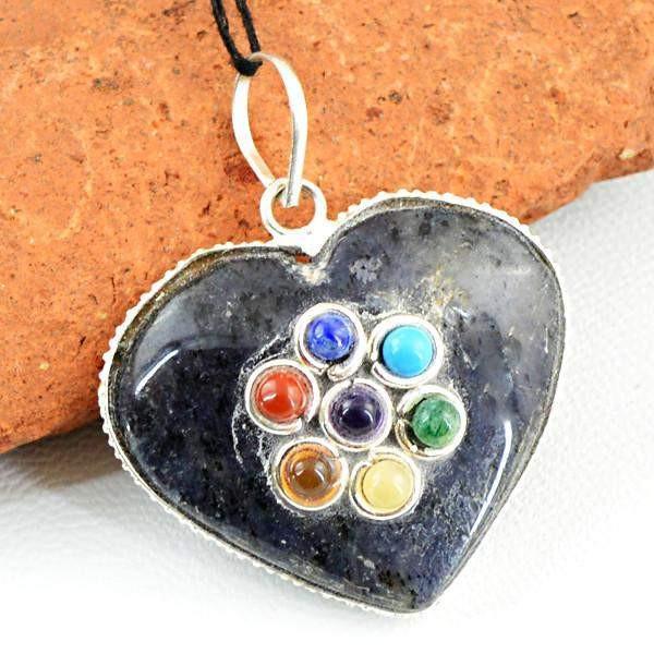 gemsmore:Natural Heart Shape Blue Iolite Seven Chakra Healing Pendant