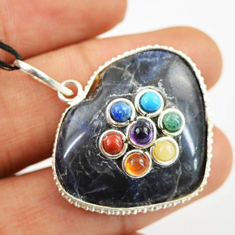 gemsmore:Natural Heart Shape Blue Sodalite Seven Chakra Healing Pendant