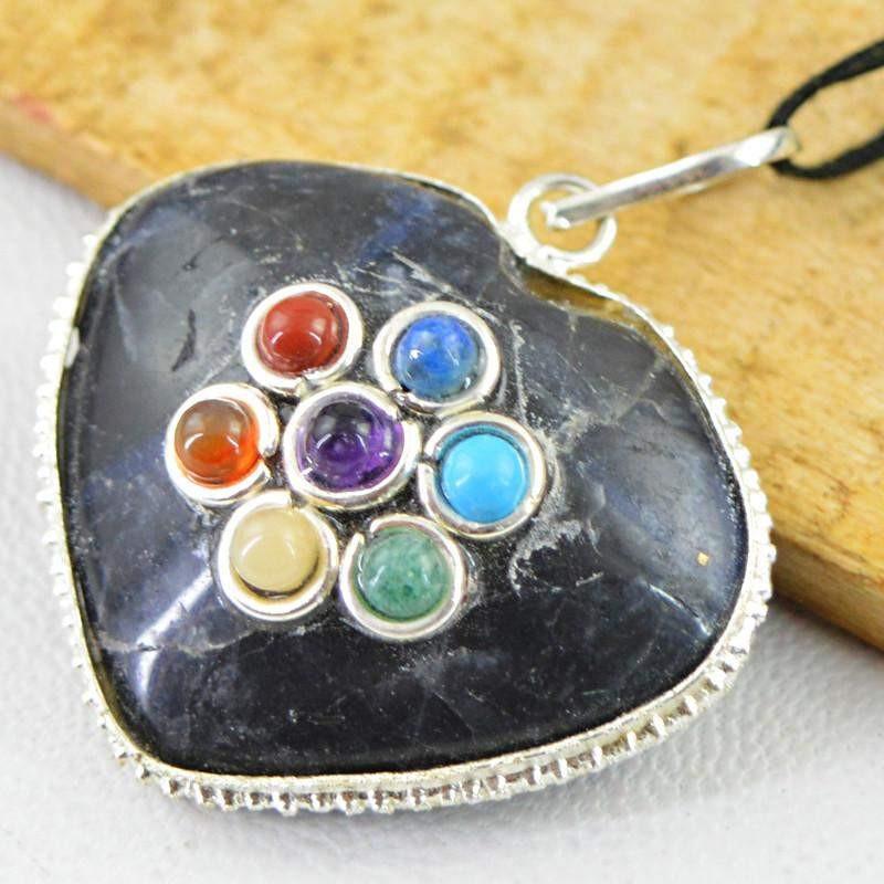 gemsmore:Natural Heart Shape Blue Sodalite Seven Chakra Healing Pendant