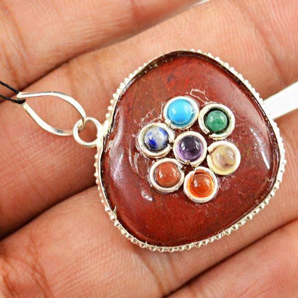 gemsmore:Natural Heart Shape Red Jasper Seven Chakra Healing Pendant