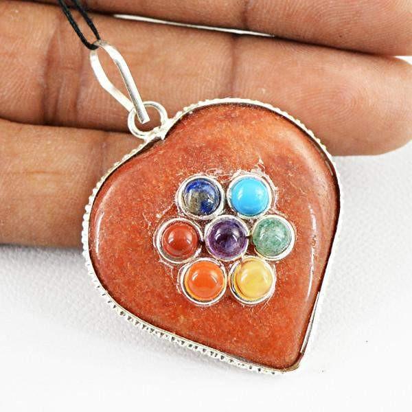 gemsmore:Natural Heart Shape Red Jasper Seven Chakra Healing Pendant