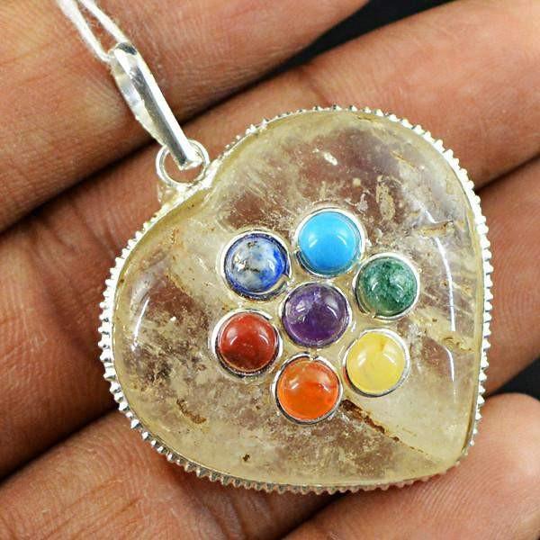gemsmore:Natural Heart Shape White Quartz Seven Chakra Healing Pendant