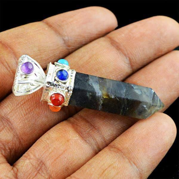 gemsmore:Natural Iolite Healing Point Seven Chakra Pendant