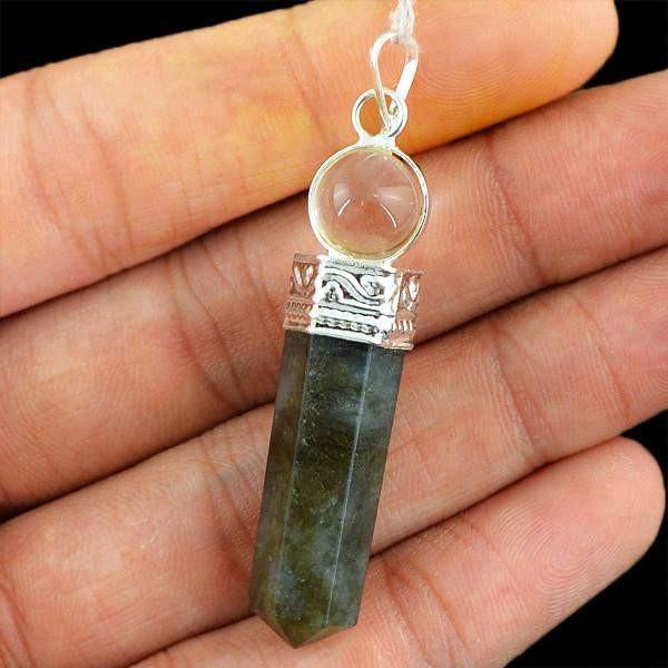 gemsmore:Natural Labradorite & White Quartz Crystal Healing Ball Point Pendant