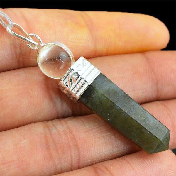 gemsmore:Natural Labradorite & White Quartz Crystal Healing Ball Point Pendant