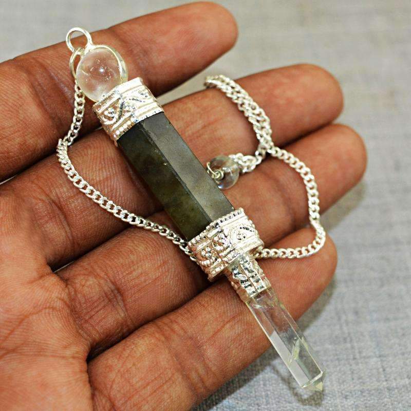 gemsmore:Natural Labradorite & White Quartz Healing Ball Point Pendulum
