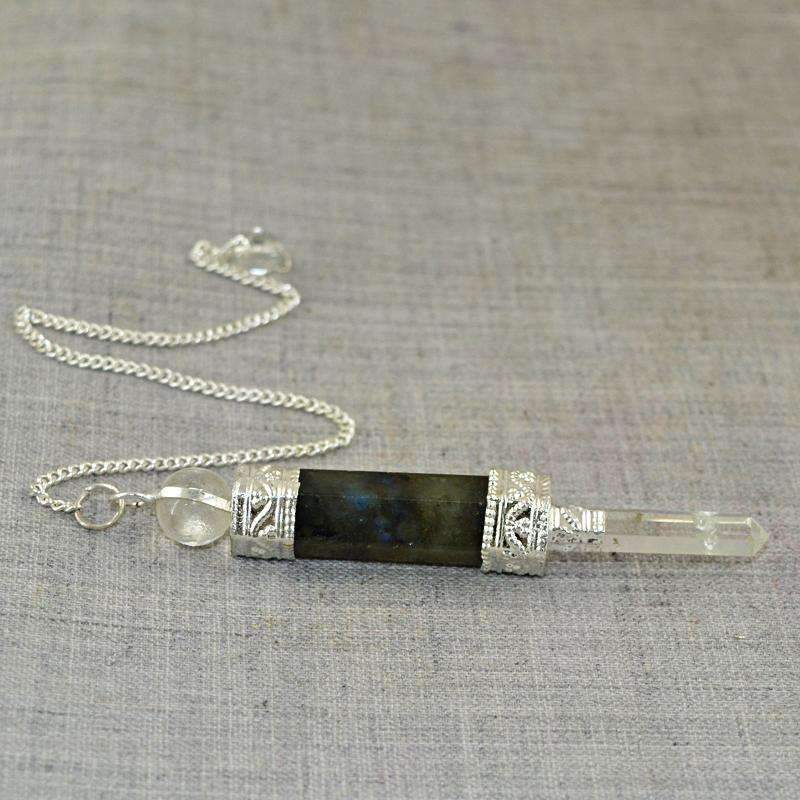 gemsmore:Natural Labradorite & White Quartz Healing Ball Point Pendulum