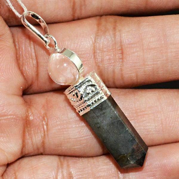 gemsmore:Natural Labradorite & White Quartz Reiki Healing Ball Point Pendant