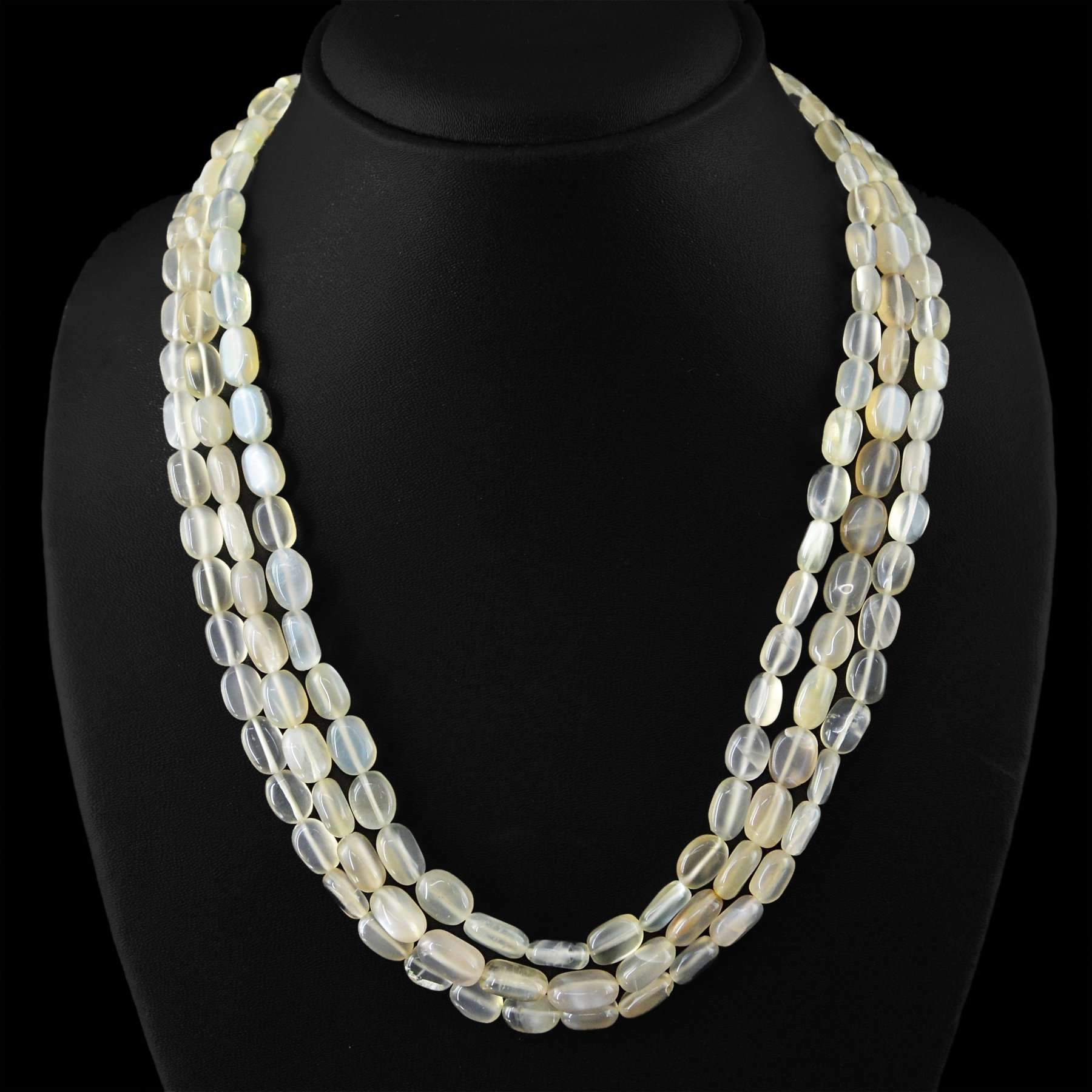 gemsmore:Natural Moonstone Necklace 3 Strand Untreated Oval Shape Beads