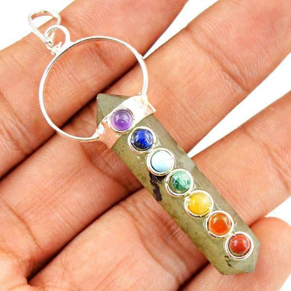 gemsmore:Natural Moss Agate Seven Chakra Healing Point Pendant