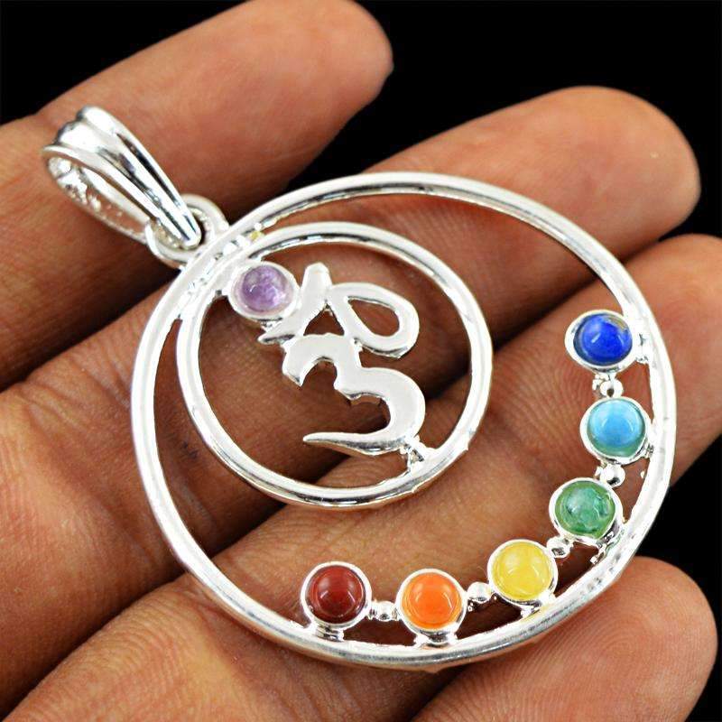 gemsmore:Natural Om Seven Chakra Healing Pendant - Round Shape