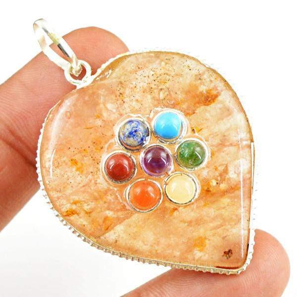 gemsmore:Natural Orange Aventurine Seven Chakra Heart Shape Pendant