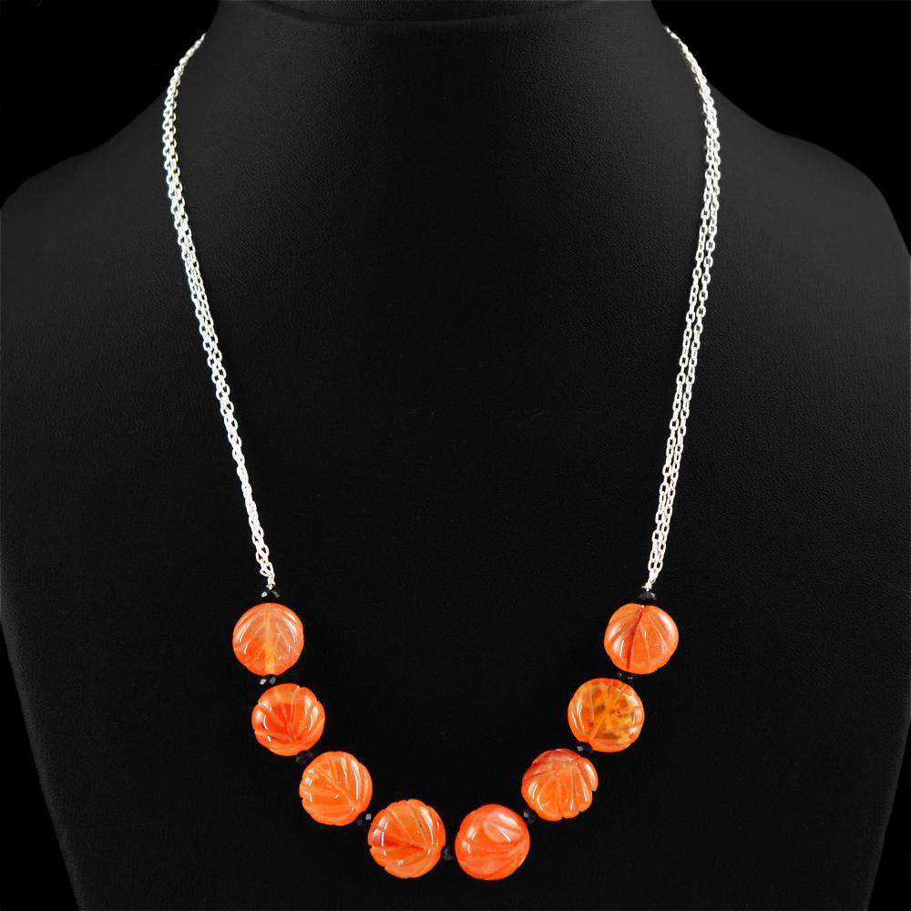 gemsmore:Natural Orange Carnelian & Black Spinel Necklace Carved Beads
