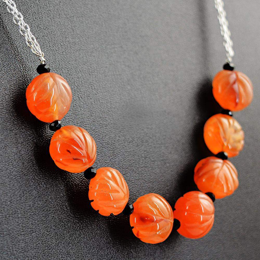 gemsmore:Natural Orange Carnelian & Black Spinel Necklace Carved Beads