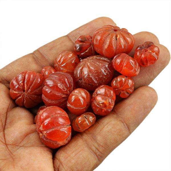 gemsmore:Natural Orange Carnelian Drilled Round Shape Carved Beads Lot