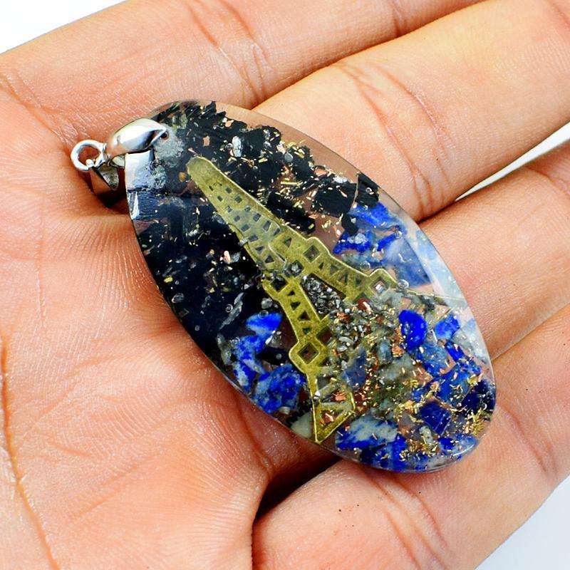 gemsmore:Natural Oval Shape Black Spinel & Blue Lapis Lazuli Orgone Pendant
