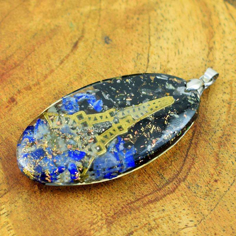 gemsmore:Natural Oval Shape Black Spinel & Blue Lapis Lazuli Orgone Pendant