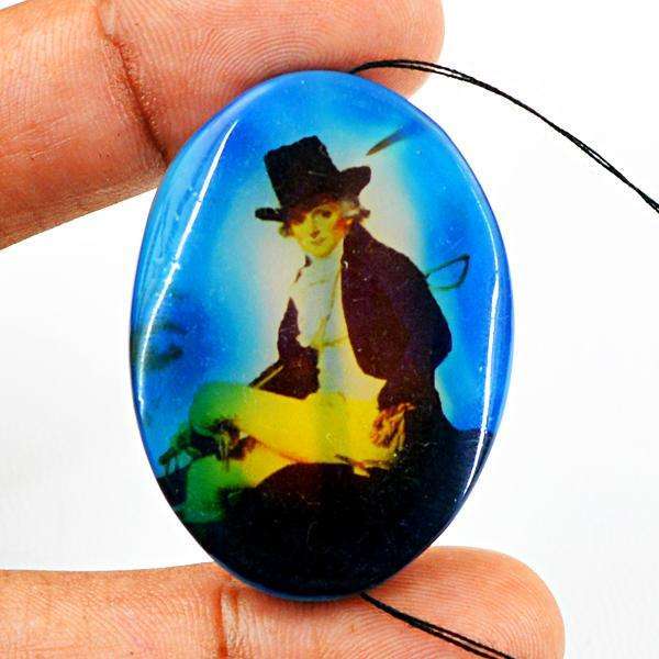 gemsmore:Natural Oval Shape Blue Printed Onyx Untreated Loose Drilled Gemstone