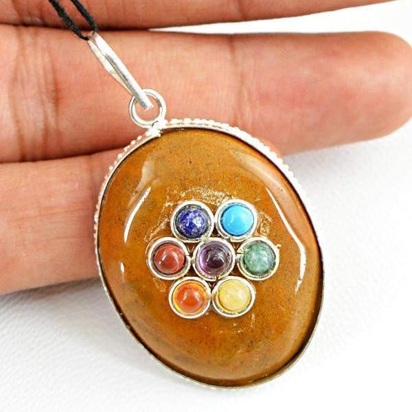 gemsmore:Natural Oval Shape Jasper Seven Chakra Gemstone Pendant