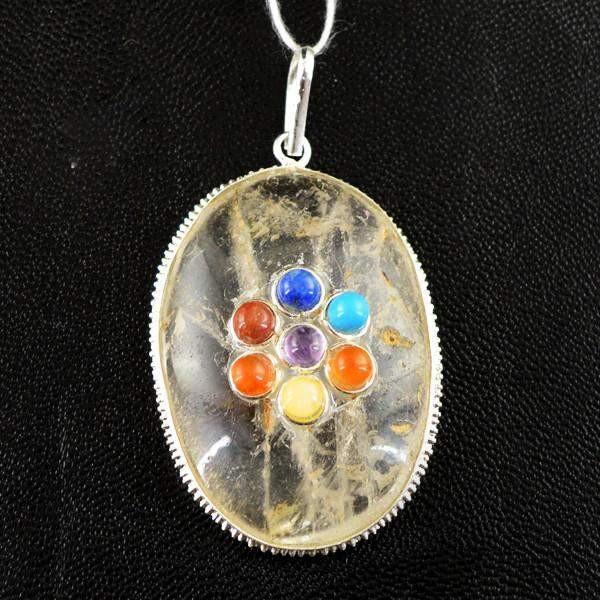 gemsmore:Natural Oval Shape White Quartz Seven Chakra Healing Pendant
