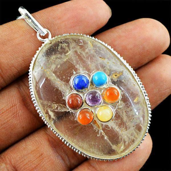 gemsmore:Natural Oval Shape White Quartz Seven Chakra Healing Pendant