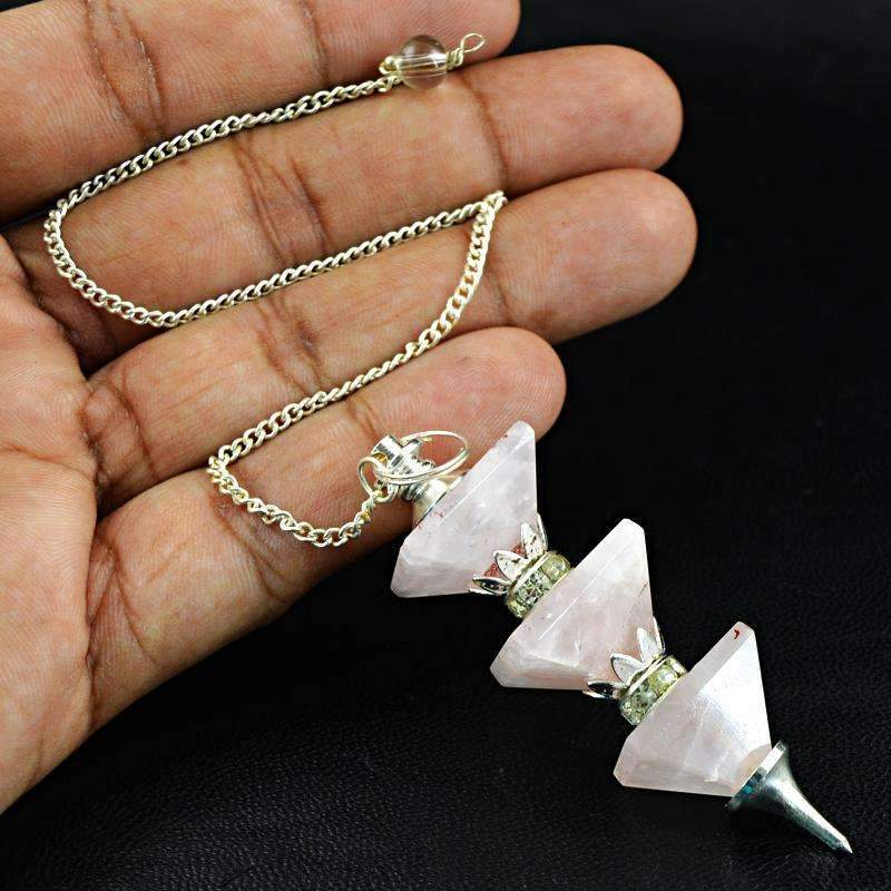 gemsmore:Natural Pink Rose Quartz Healing Pyramid Pendulum