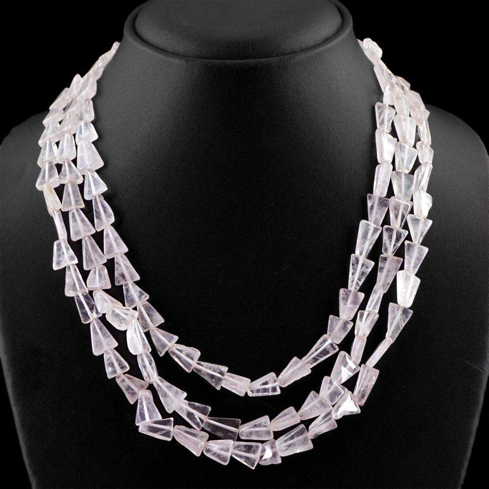 gemsmore:Natural Pink Rose Quartz Necklace 3 Line Untreated Beads