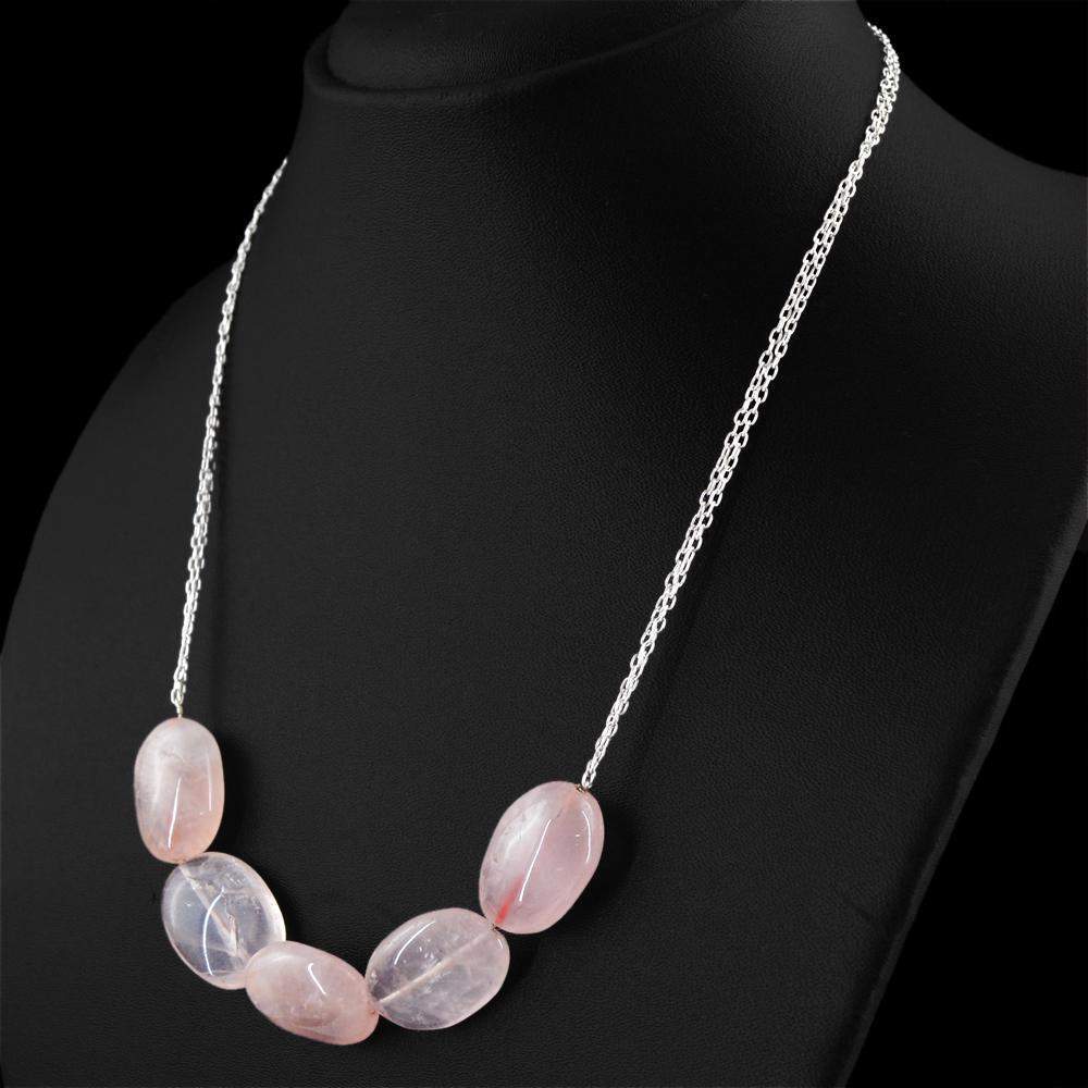 gemsmore:Natural Pink Rose Quartz Necklace Single Strand Oval Shape Beads - Amazing