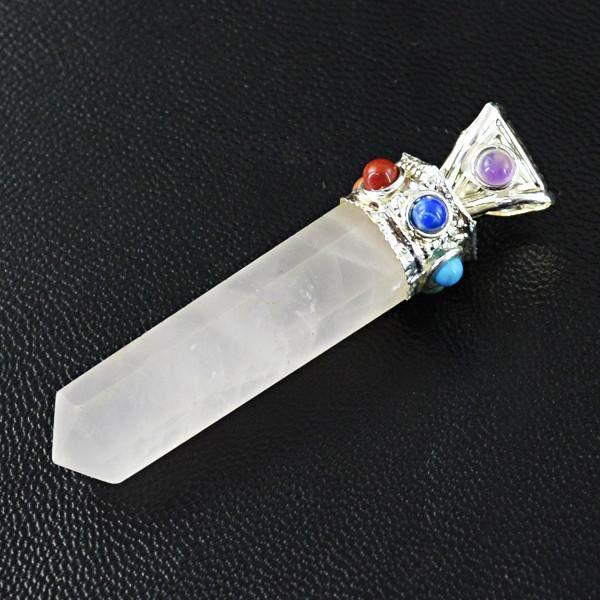 gemsmore:Natural Pink Rose Quartz Seven Chakra Crystal Healing Point Pendant