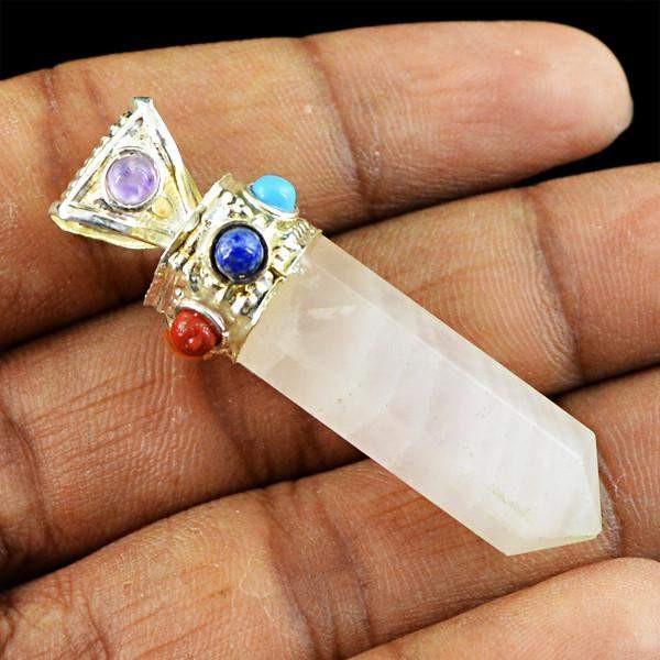 gemsmore:Natural Pink Rose Quartz Seven Chakra Healing Ball Point Pendant