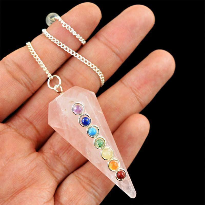 gemsmore:Natural Pink Rose Quartz Seven Chakra Healing Pendulum