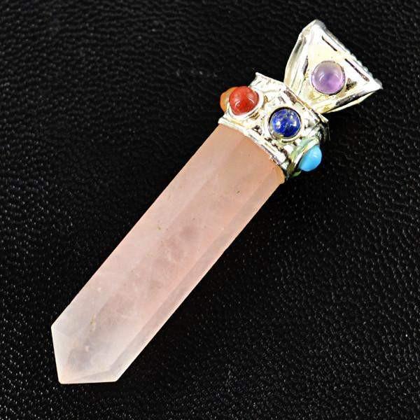 gemsmore:Natural Pink Rose Quartz Seven Chakra Healing Point Pendant