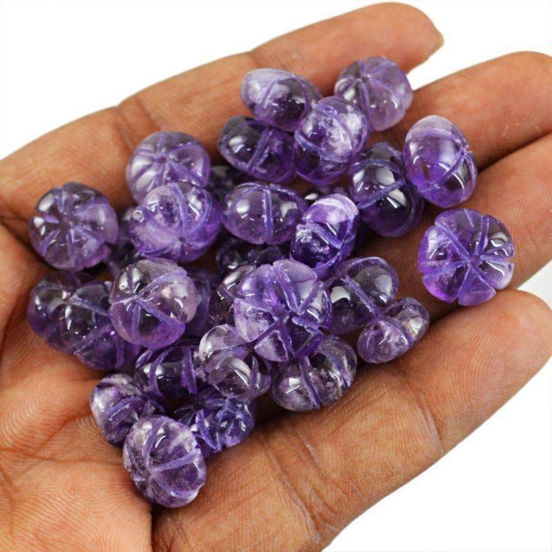 gemsmore:Natural Purple Amethyst Drilled Flower Carved Beads Lot