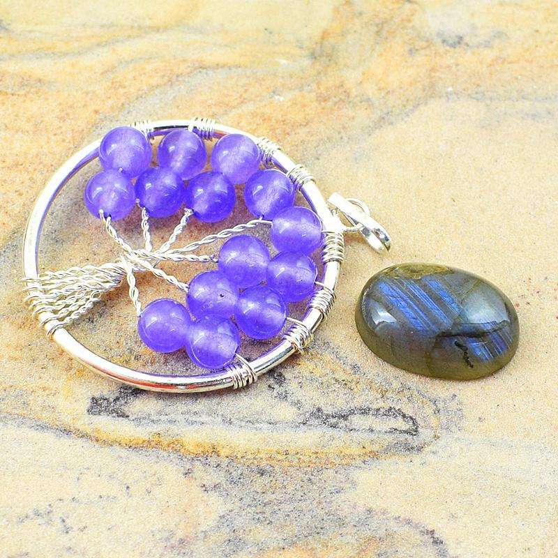 gemsmore:Natural Purple Amethyst Healing Tree Pendant & Amazing Flash Labradorite Gem Set