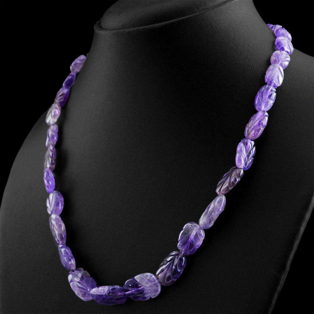 gemsmore:Natural Purple Amethyst Necklace Untreated Carved Beads