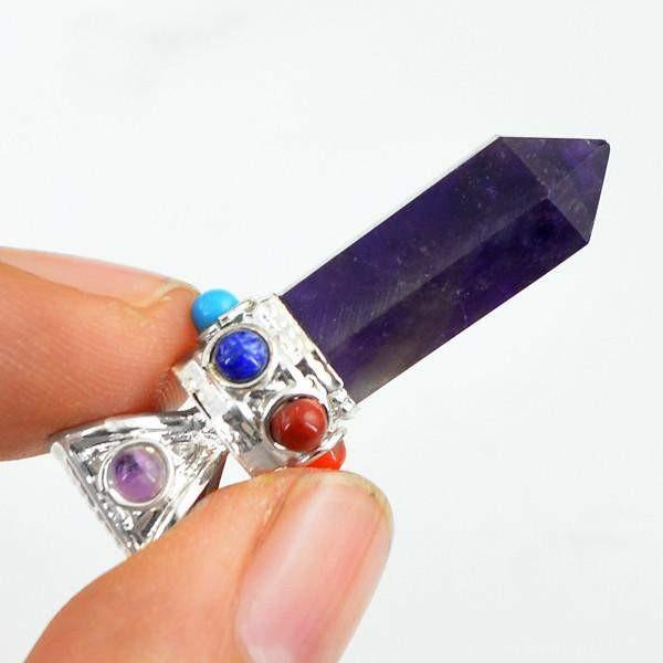 gemsmore:Natural Purple Amethyst Seven Chakra Healing Point Pendant