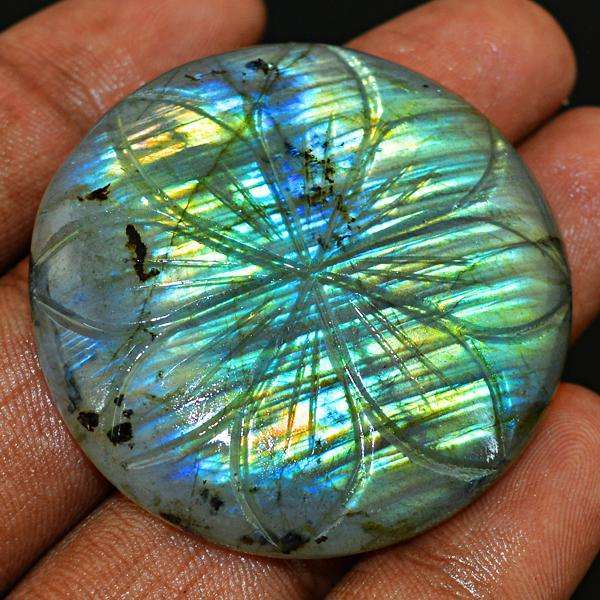 gemsmore:Natural Round Shape Amazing Flash Labradorite Flower Carved Loose Gemstone