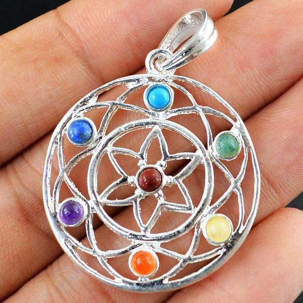 gemsmore:Natural Round Shape Flower Seven Chakra Pendant