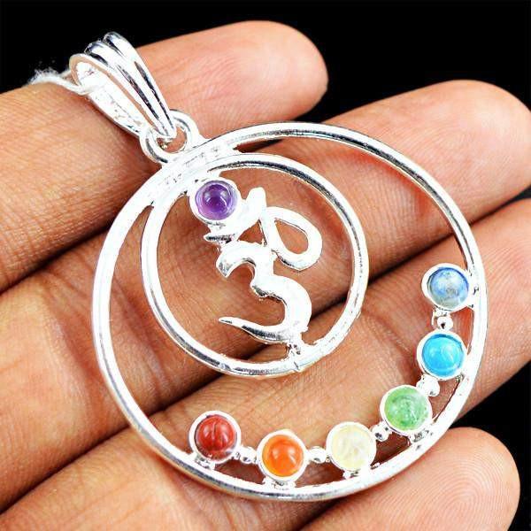 gemsmore:Natural Round Shape OM Seven Chakra Healing Pendant