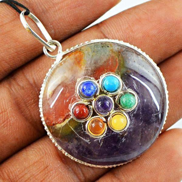 gemsmore:Natural Round Shape Seven Chakra Amethyst Healing Pendant