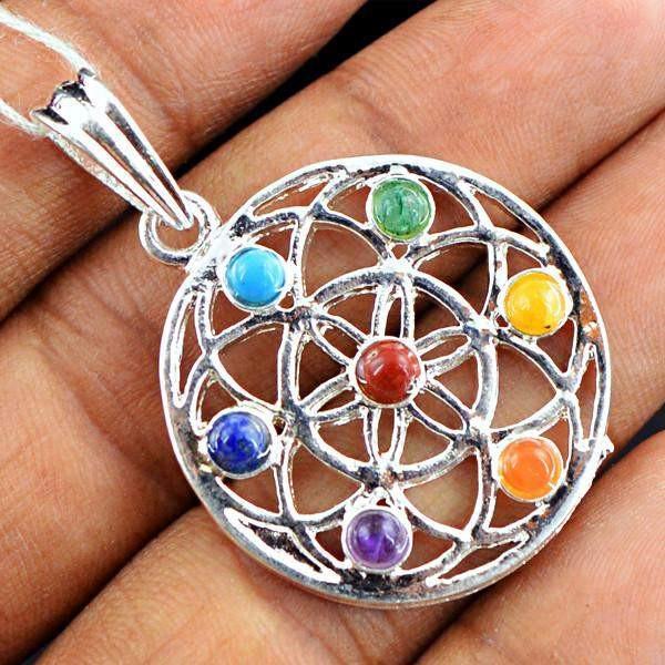 gemsmore:Natural Round Shape Seven Chakra Healing Pendant