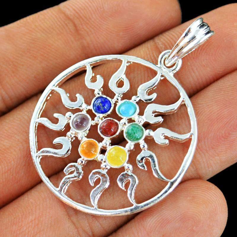 gemsmore:Natural Round Shape Seven Chakra Healing Pendant