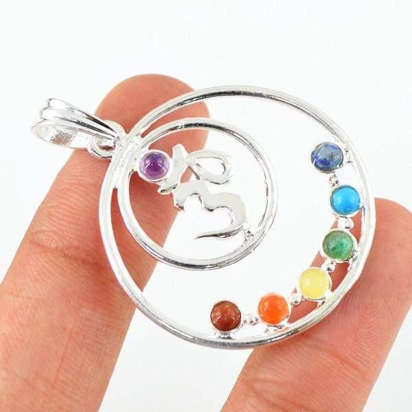gemsmore:Natural Round Shape Seven Chakra OM Healing Pendant