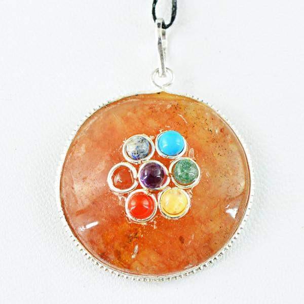 gemsmore:Natural Round Shape Seven Chakra Orange Aventurine Pendant